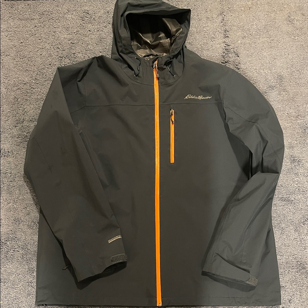 Eddie Bauer Men's Dark Gray Raincoat with Orange Zipper